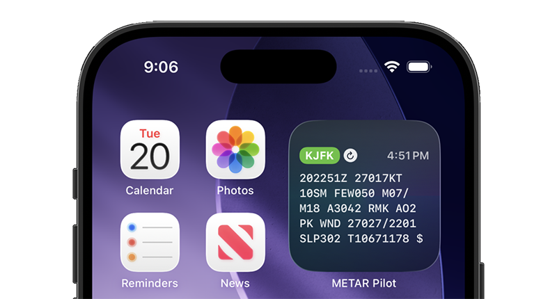 METAR Pilot home screen widget showing raw METAR data for KJFK airport